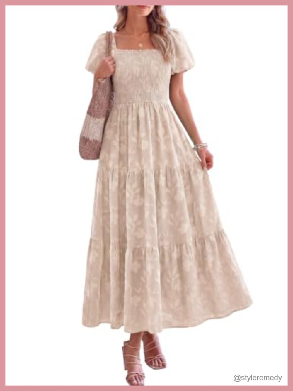 Women's Floral Boho Maxi Dress Smocked Square Neck Puff Sleeve